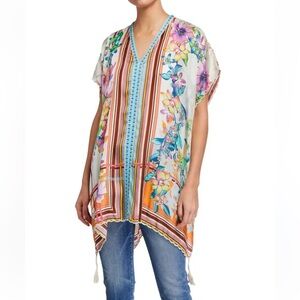 Johnny Was Plus Size Stellar Printed Short-Sleeve Poncho Top w/ Tassels size M